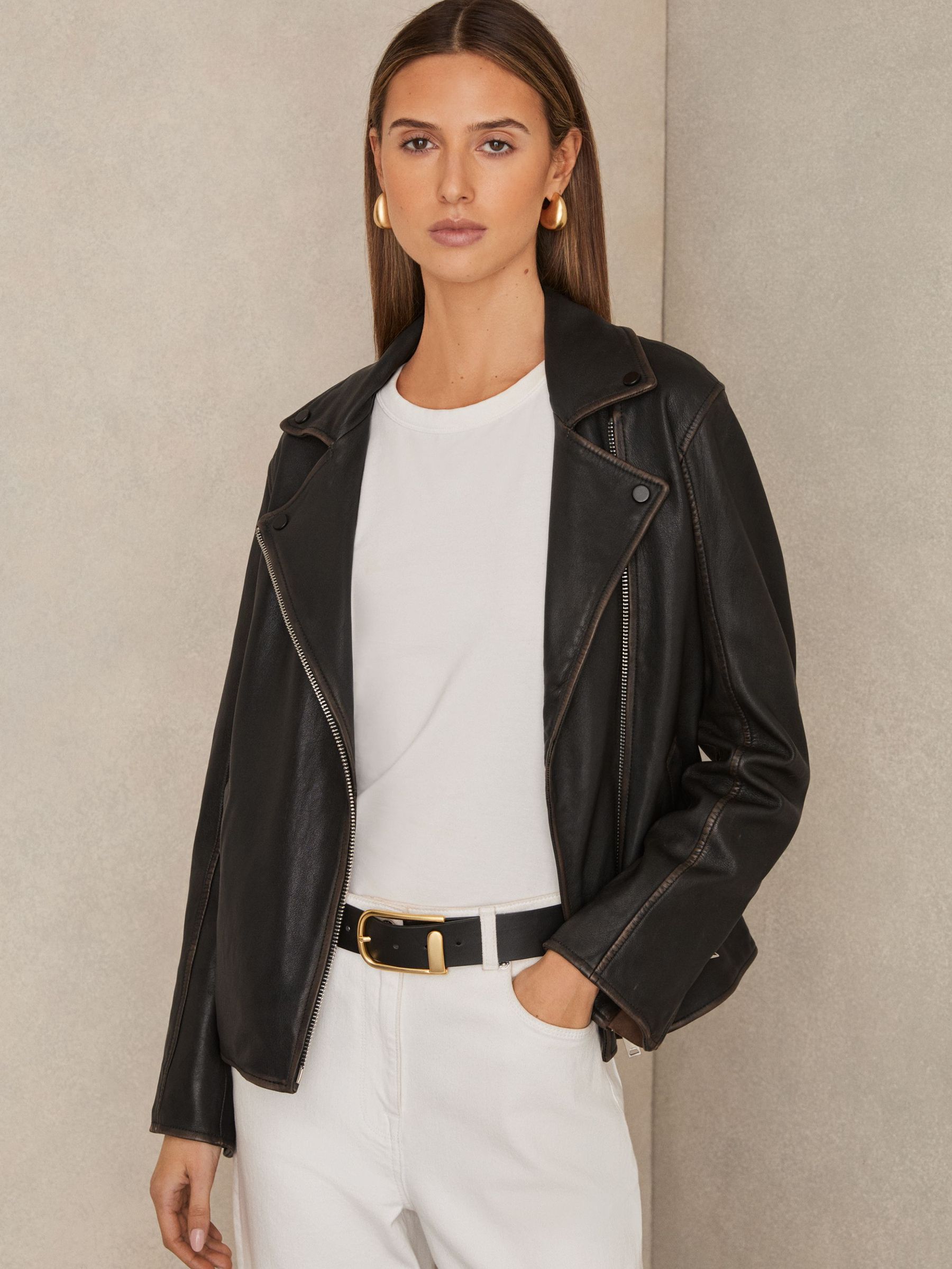 Beau Black Relaxed Leather Biker Jacket (E17122) | US$735