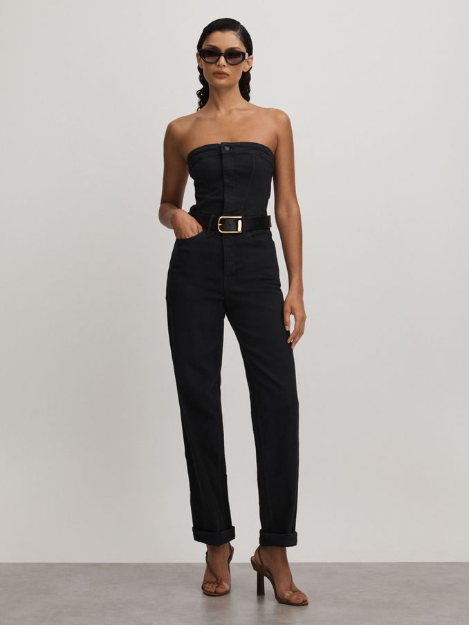 Good American Strapless Denim Jumpsuit in Black (E17510) | $177
