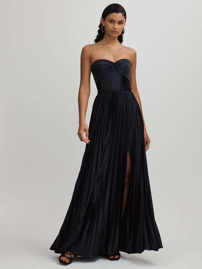 Stef Navy Amur Satin Pleated Maxi Dress (E17514) | $665