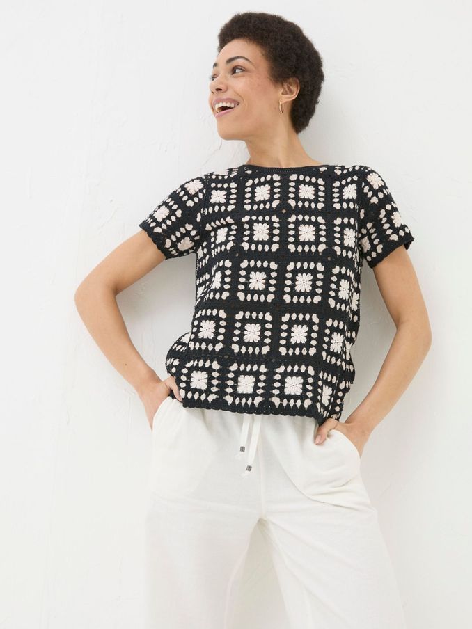 Black Mono Crochet Patchwork T-Shirt (E17771) | $54