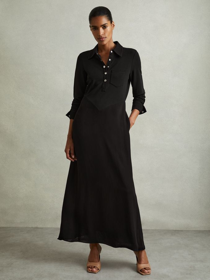 Rosina Black Jersey Polo Maxi Dress (E18017) | 386 SAR