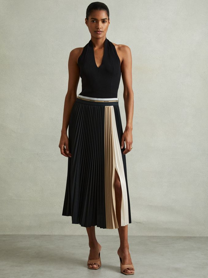 Iris Black Pleated Waistband Detail Midi Skirt (E18019) | AED382