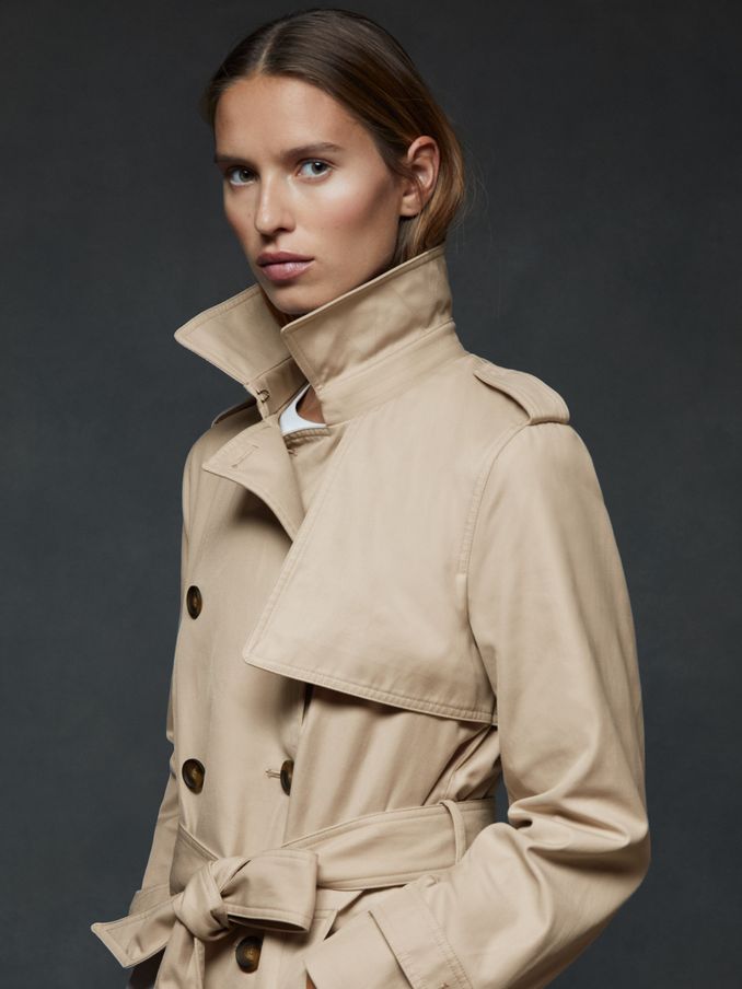 Double Breasted Hooded Insert Trench Coat in Stone (E18720) | €425