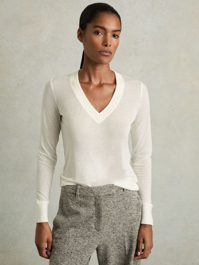 Lyocell-Wool Marled V-Neck Top in Cream (E19920) | $53