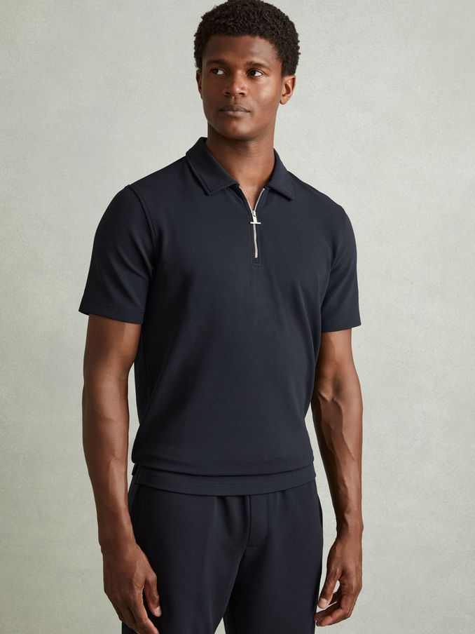 Textured Zip-Neck Polo Shirt in Navy (E19925) | US$110