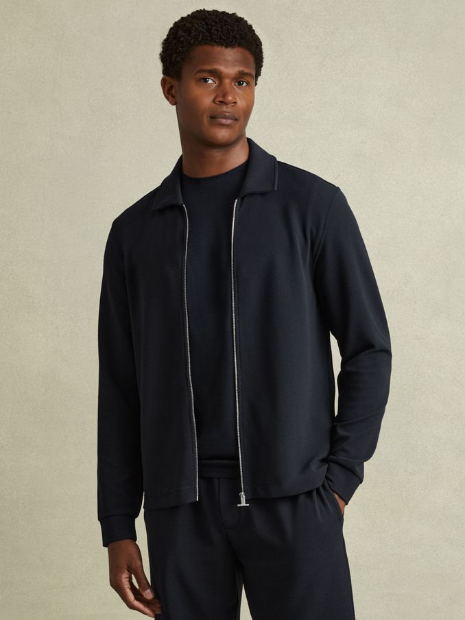 Textured Zip-Through Overshirt in Navy (E19928) | AED550