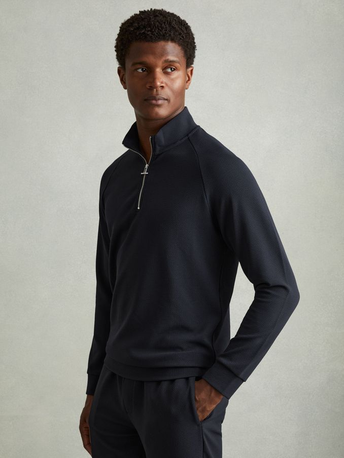 Textured Half-Zip Funnel-Neck Sweatshirt in Navy (E19937) | US$125