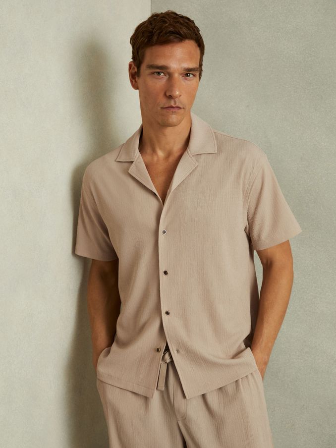 Textured Cuban Collar Shirt in Oatmeal (E26131) | $135