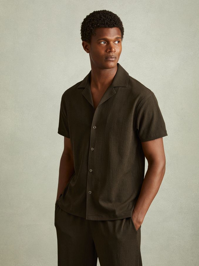 Textured Crepe Cuban Collar Shirt in Dark Olive Green (E26134) | US$61