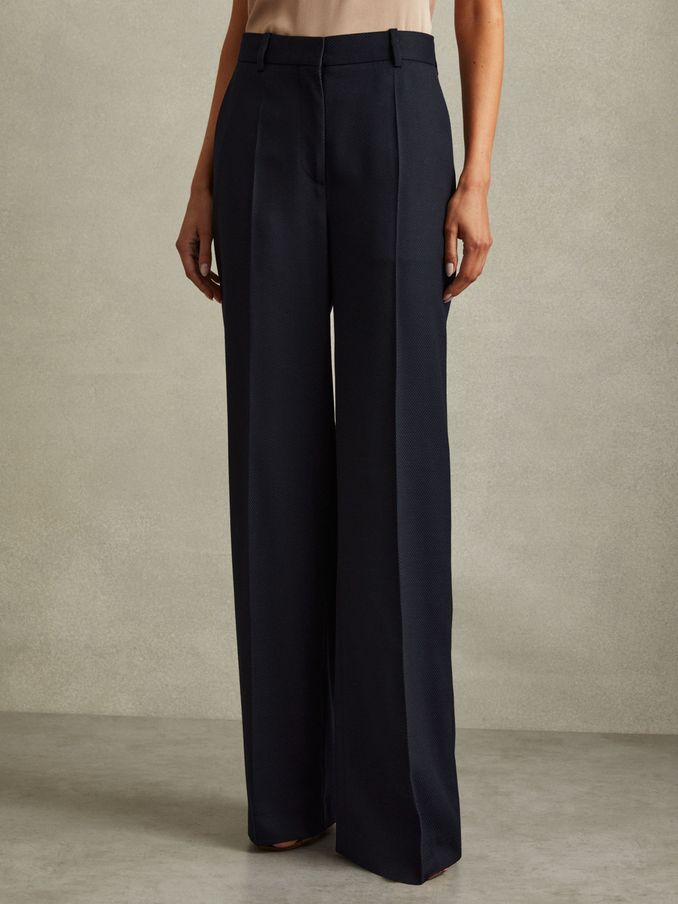 Textured Wide Leg Suit Trousers in Navy (E26330) | US$245