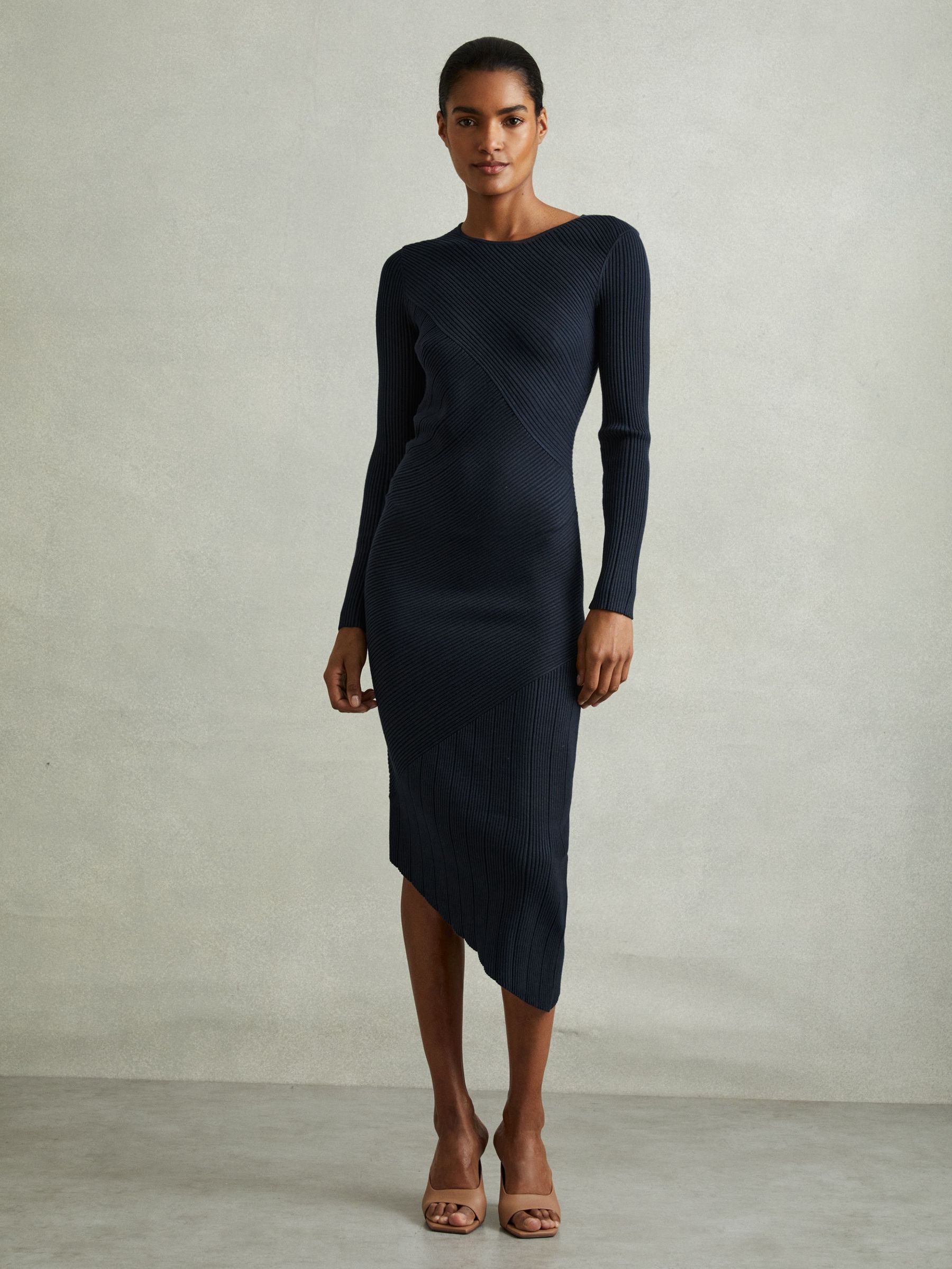 Knitted Colourblock Asymmetric Midi Dress in Teal (E26331) | $104