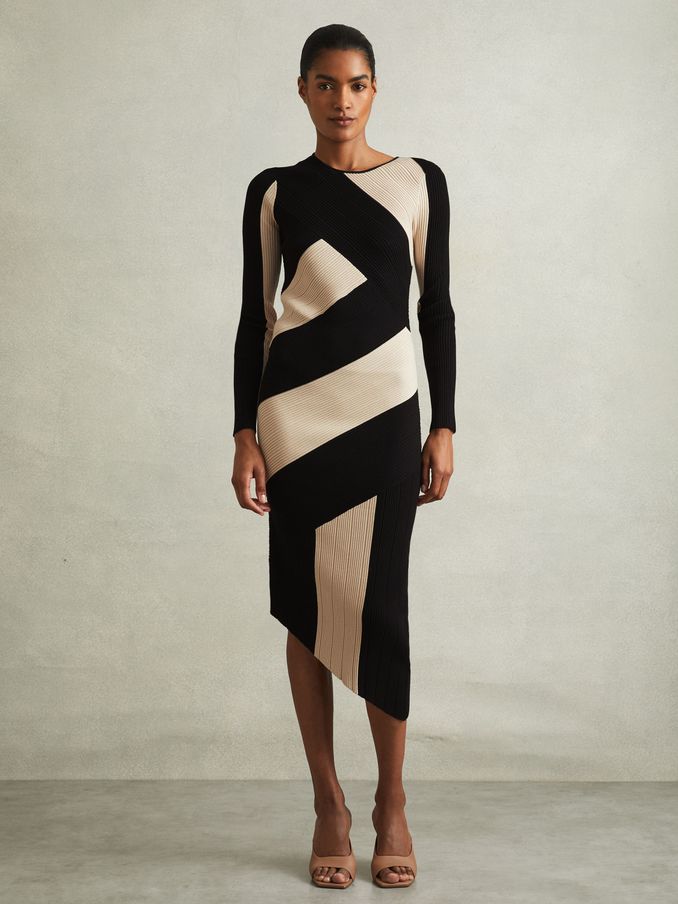 Knitted Colourblock Asymmetric Midi Dress in Black/Camel (E26339) | US$110