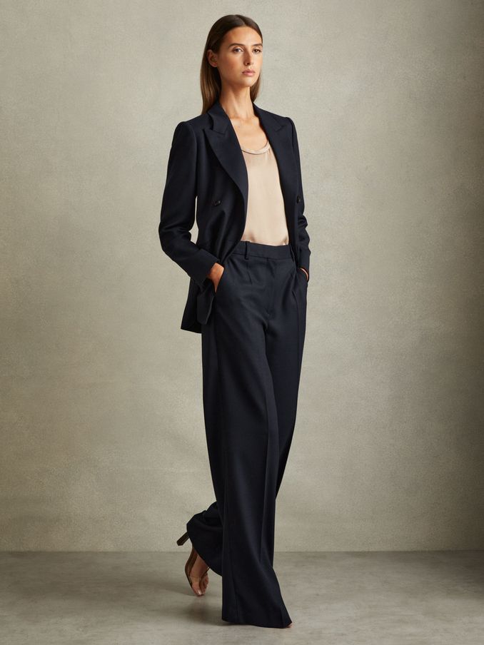 Petite Textured Wide Leg Suit Trousers in Navy (E26342) | CA$285
