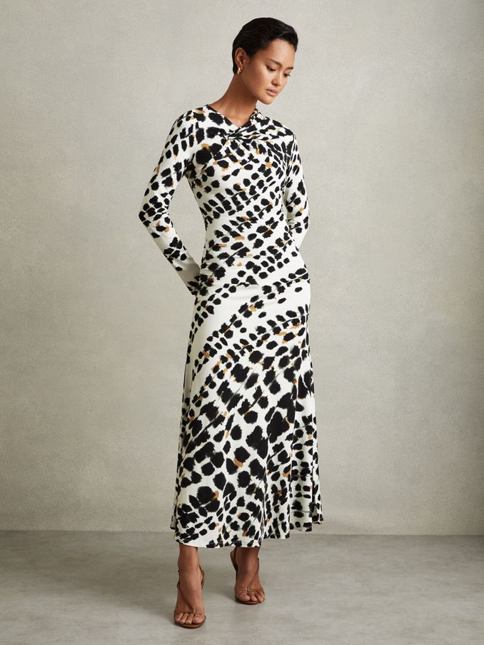 Vanita Black/White Printed Jersey Twist Detail Midi Dress (E26344) | US$95