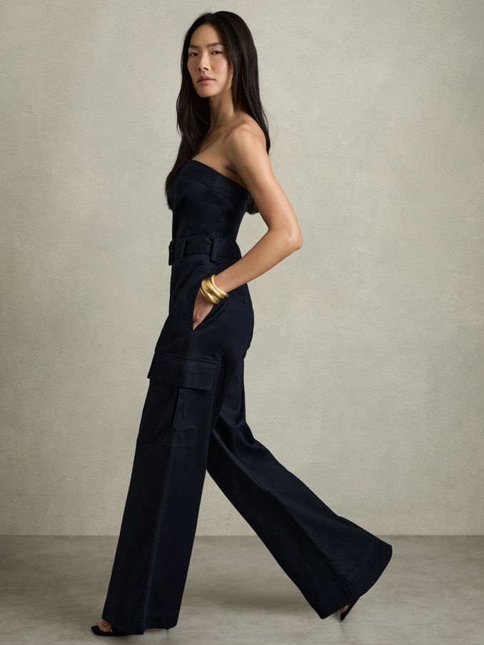 Lois Navy Strapless Belted Wide Leg Jumpsuit (E26345) | US$141