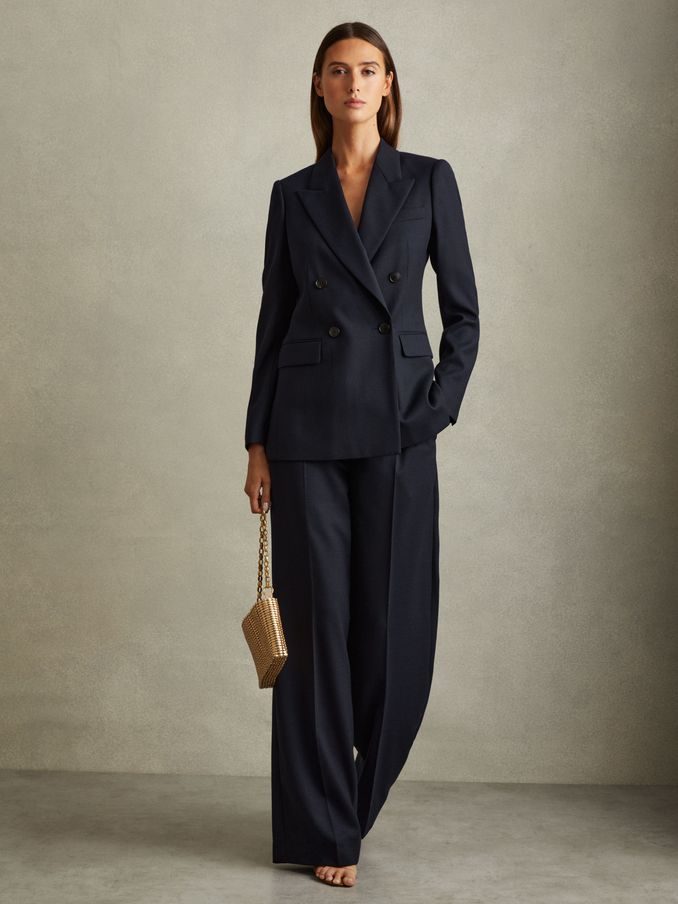 Petite Textured Double Breasted Suit Blazer in Navy (E26350) | US$425