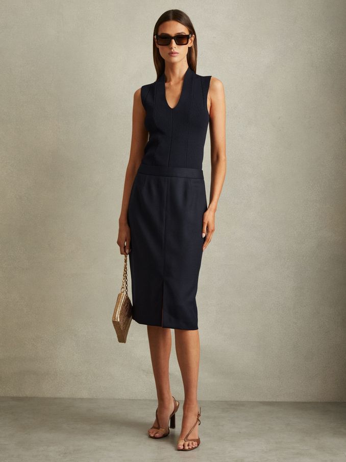 Textured Pencil Midi Suit Skirt in Navy (E26353) | €170
