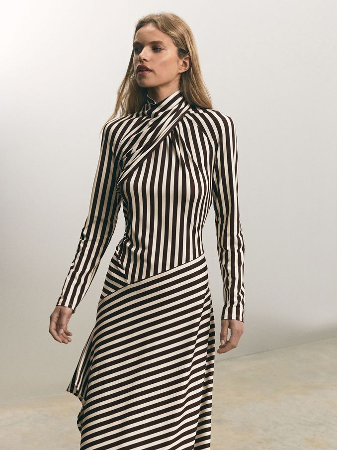 Cat Brown/Cream Striped Jersey Asymmetric Midi Dress (E26355) | US$132