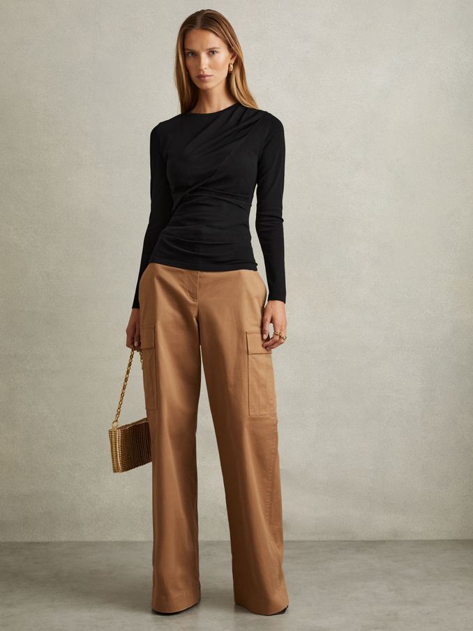 Draped Front Ruched Top in Black (E26360) | €54