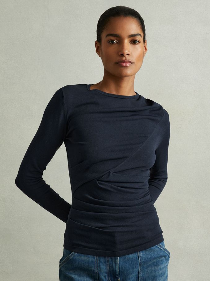 Draped Front Ruched Top in Teal (E26366) | $77