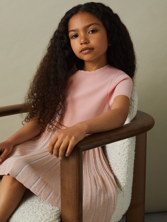 9-13 yrs Metallic Pleated Knitted Dress in Pink (E26397) | US$89