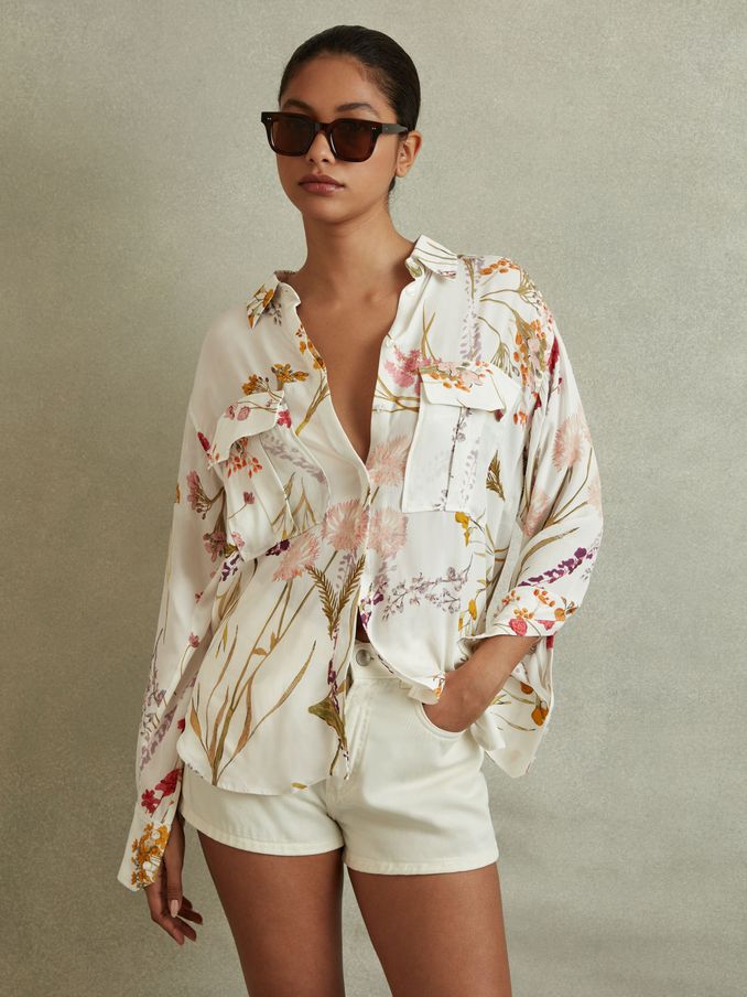 Relaxed Floral Print Shirt in Ivory (E26402) | US$135