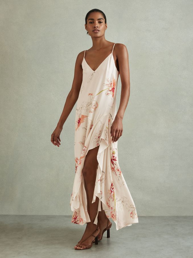 Melody Ivory/Coral Floral Print Side Split Midi Dress (E26403) | US$114