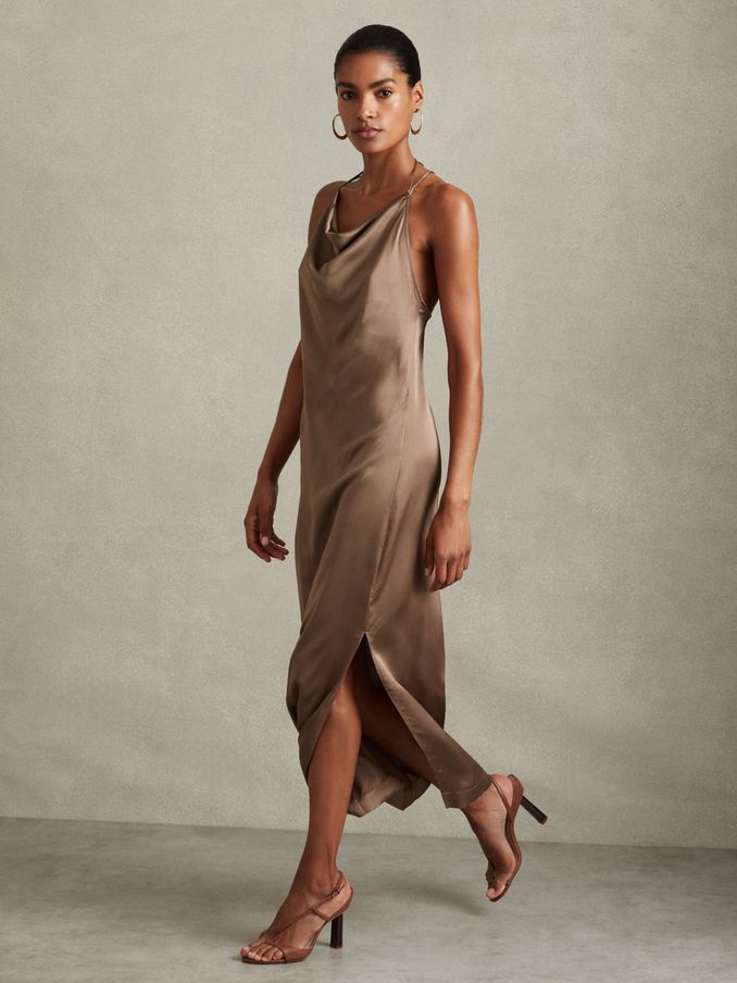 Satin Cowl Neck Maxi Dress in Mink (E26405) | 233 SAR