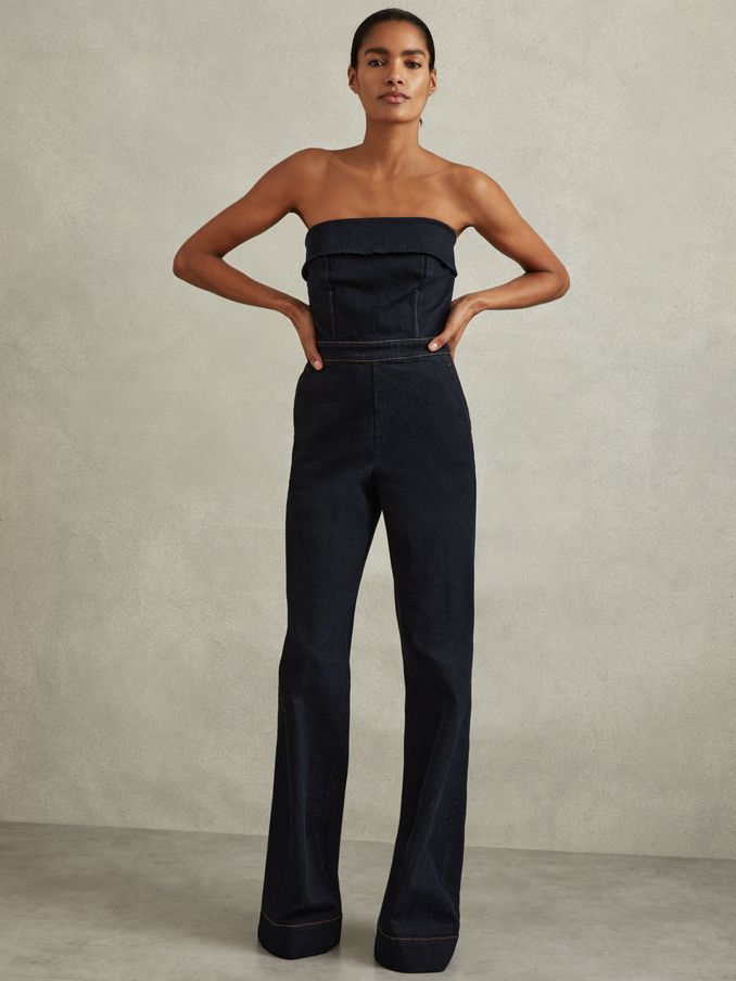 Petite Denim Strapless Wide Leg Jumpsuit in Indigo (E26416) | €125
