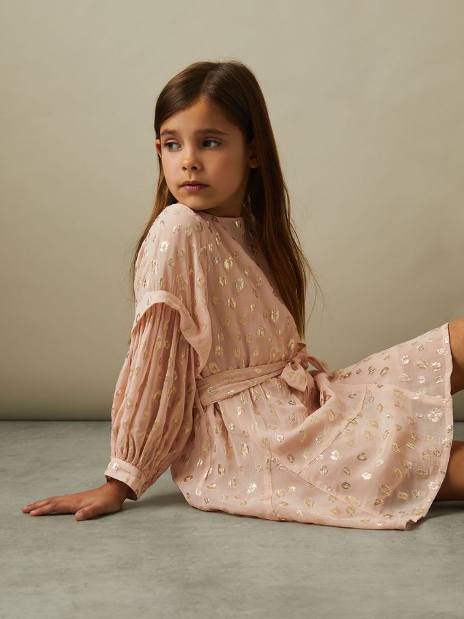 9-13 yrs Metallic Jacquard Print Puff Sleeve Dress in Pink (E26477) | €38