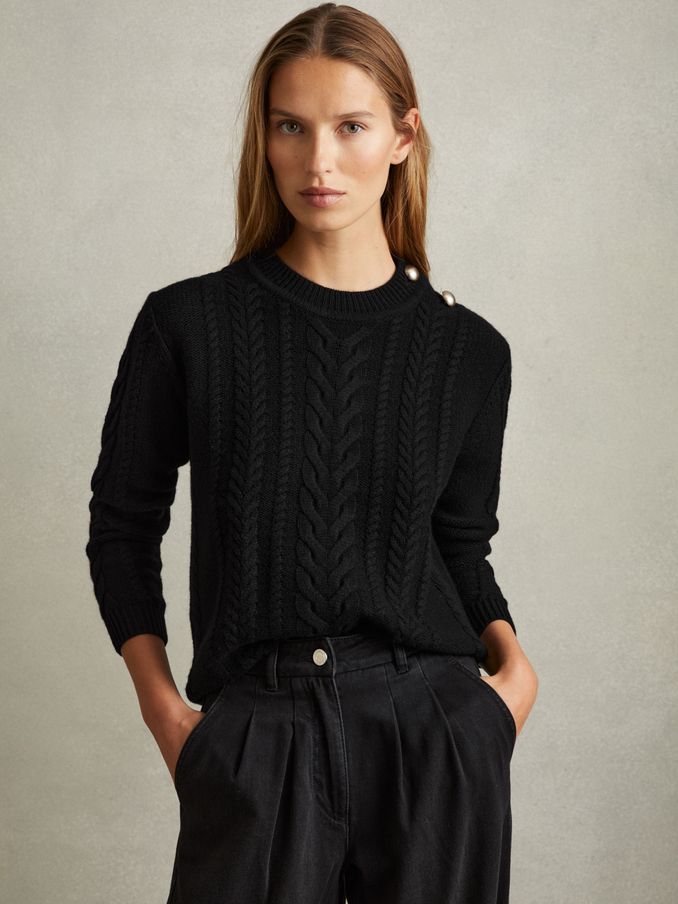 Wool-Cashmere Cable Knit Jumper in Black (E26481) | US$84