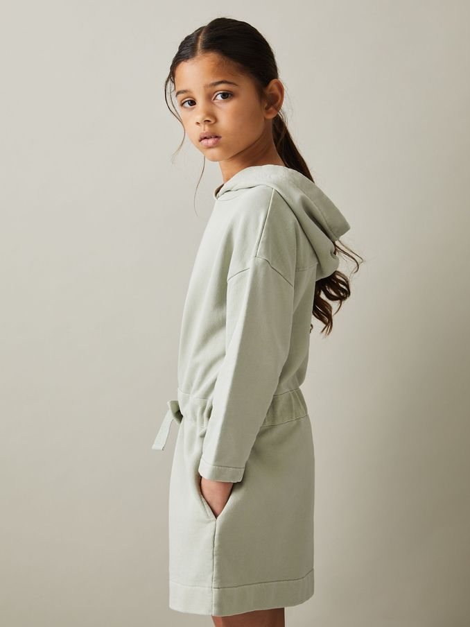 9-13 yrs Cotton Hooded Logo Dress in Sage (E26491) | US$39