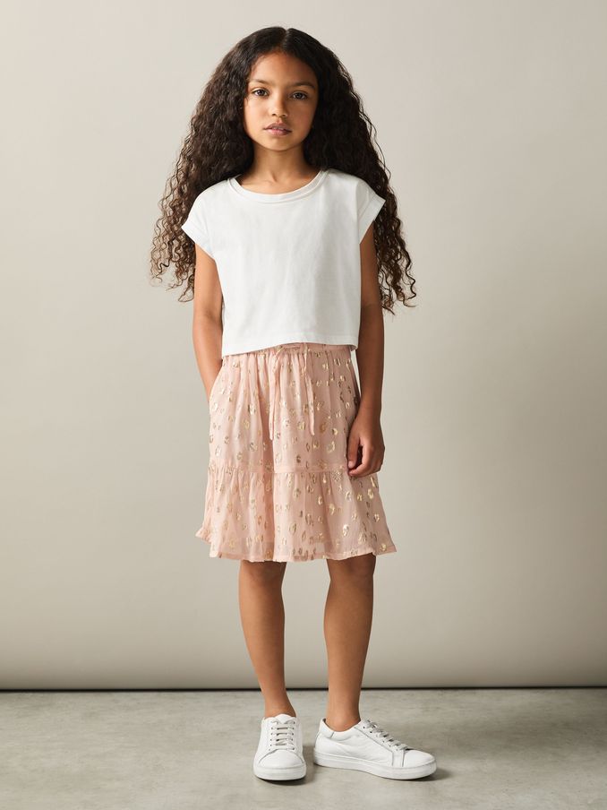 9-13 yrs Metallic Print Flounced Hem Skirt in Pink (E26493) | US$37