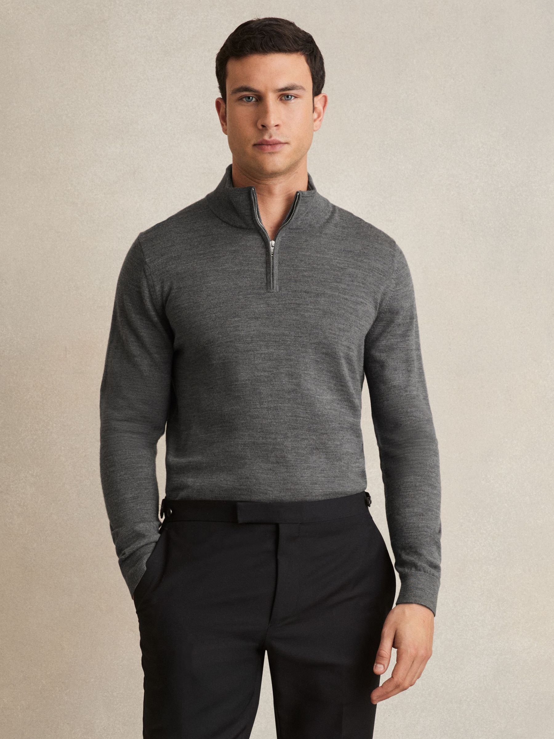 Merino Wool Half-Zip Funnel Neck Jumper in Derby Grey Marl (E26534) | €140