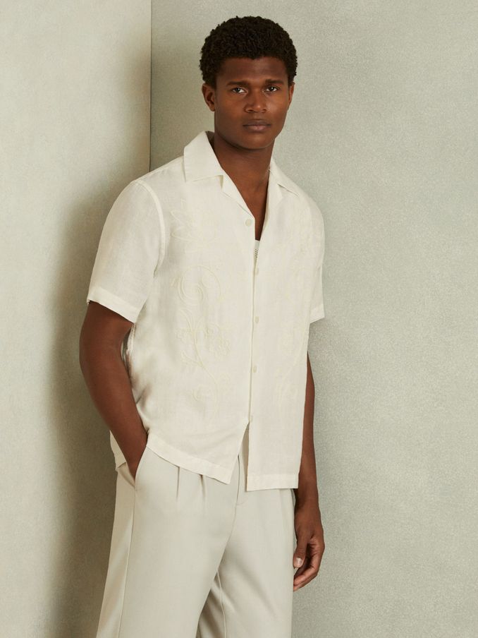Linen Embroidered Cuban Collar Shirt in White (E26557) | US$62