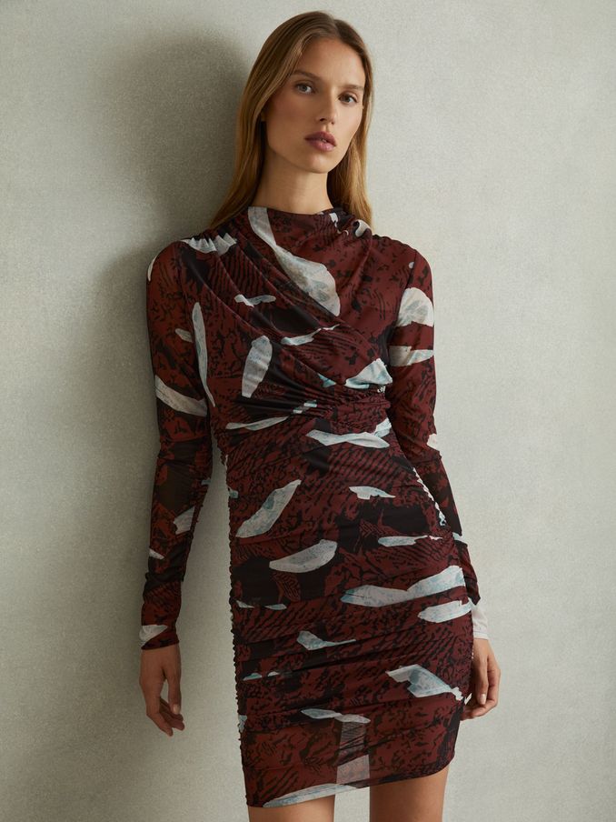 Kallie Burgundy Printed Ruched Mini Dress (E26569) | US$86