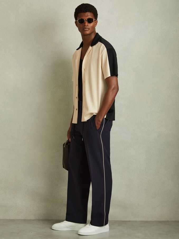 Oversized Plisse Cuban Collar Shirt in Off White/Navy (E26585) | €55