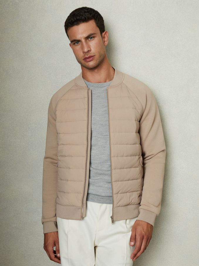 Hybrid Quilt Raglan-Sleeve Bomber Jacket in Biscuit Brown (E26620) | €111