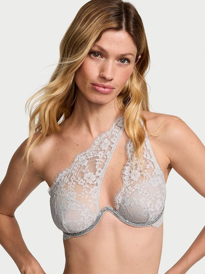 Silver Pearl Grey One Shoulder Monowire Twinkle Shine Strap Bra (E26708) | €20