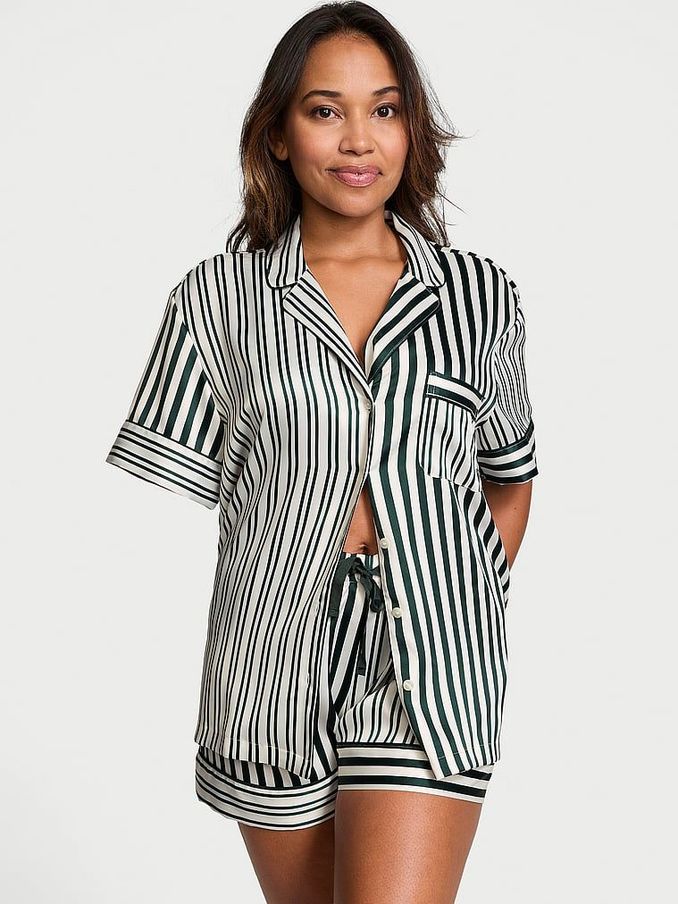 Botanical Green Iconic Stripe Satin Short Pyjama Set (E26717) | €37
