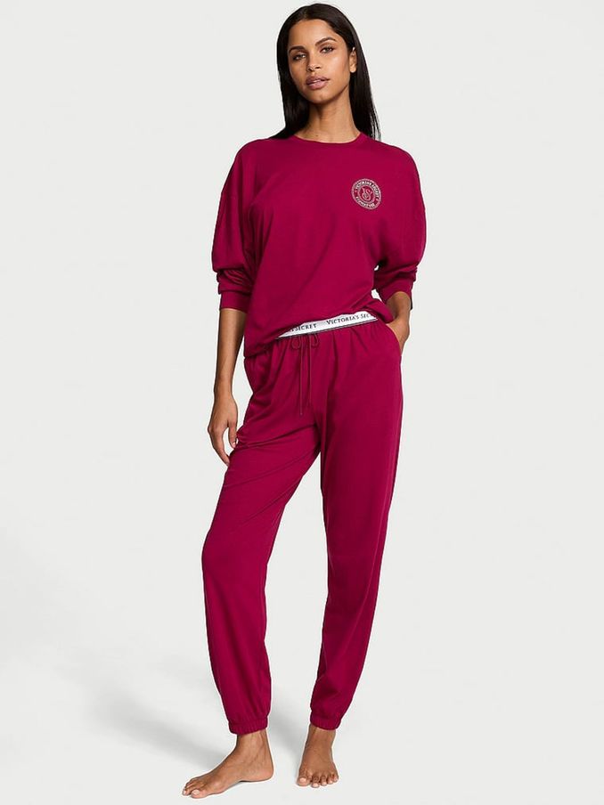 Campari Red Rhinestone Graphic London Cotton Long Pyjama Set (E26726) | €56
