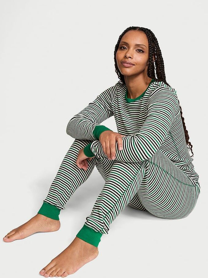 Prettiest Pine Stripe Green Thermal Long Pyjama Set (E26729) | €27