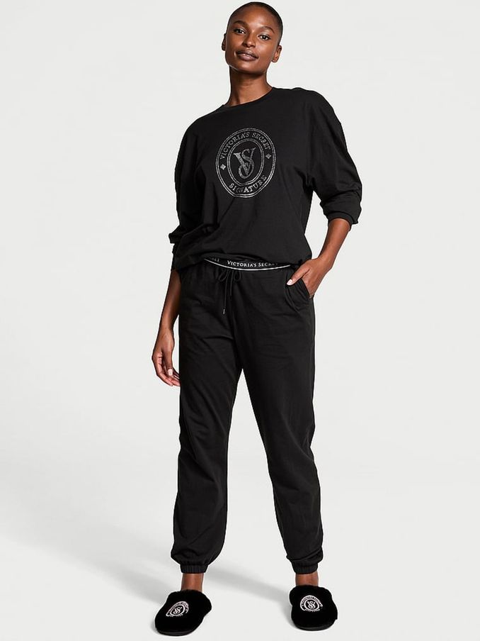 Black Rhinestone Graphic London Cotton Long Pyjama Set (E26755) | €56