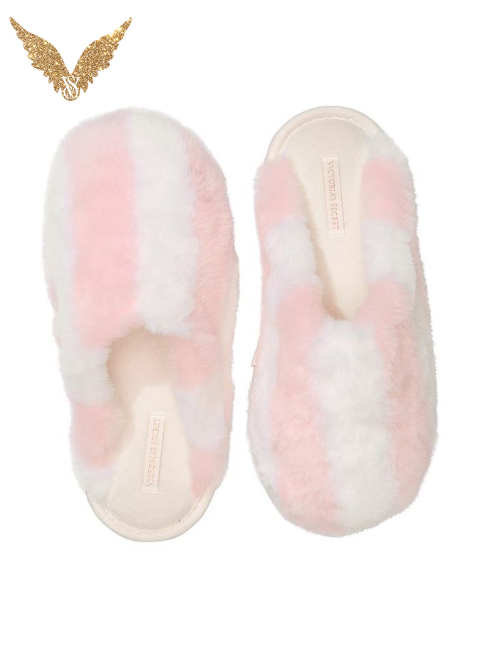 Heritage Stripe Pink Closed Toe Faux Fur Slippers (E26759) | €40