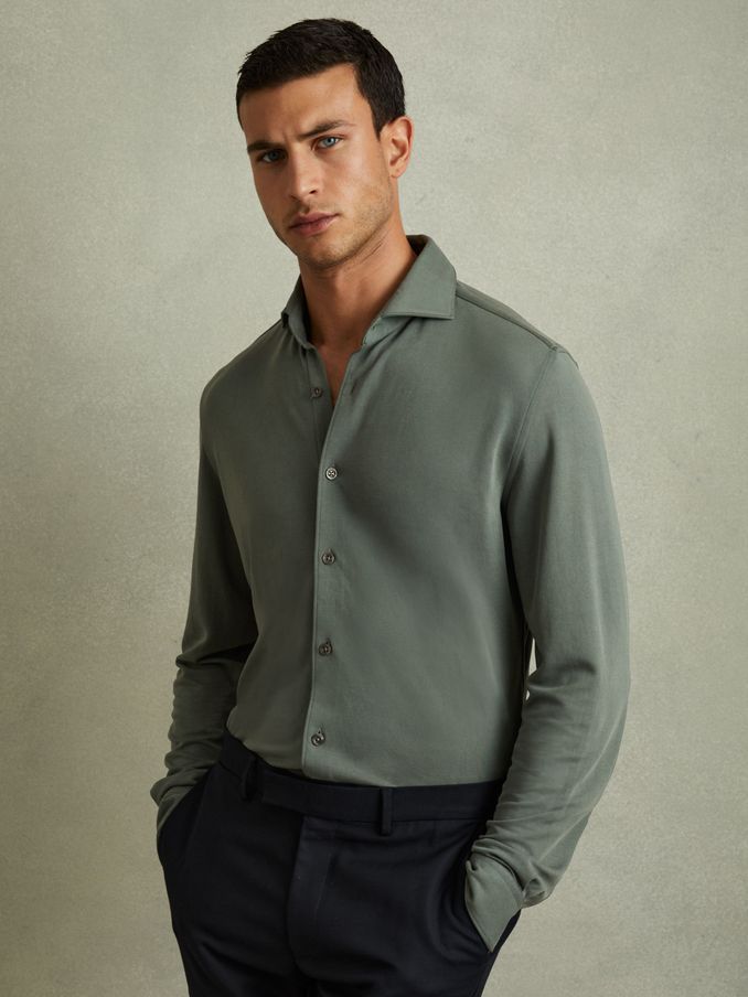 Modal Blend Cutaway Collar Shirt in Green Smoke (E27133) | €140