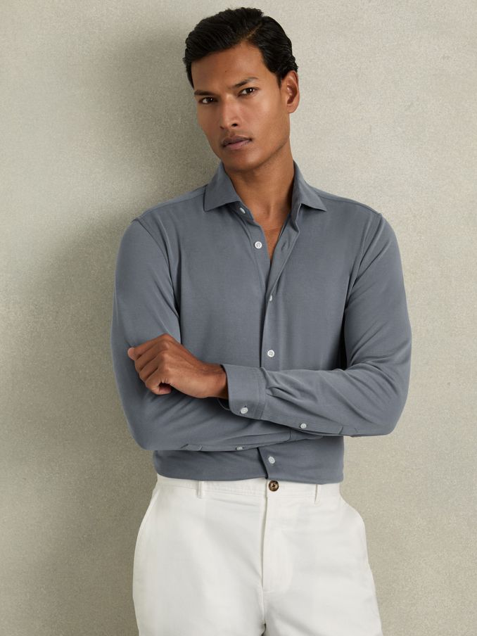 Modal Blend Cutaway Collar Shirt in Airforce Blue (E27135) | HK$1,480