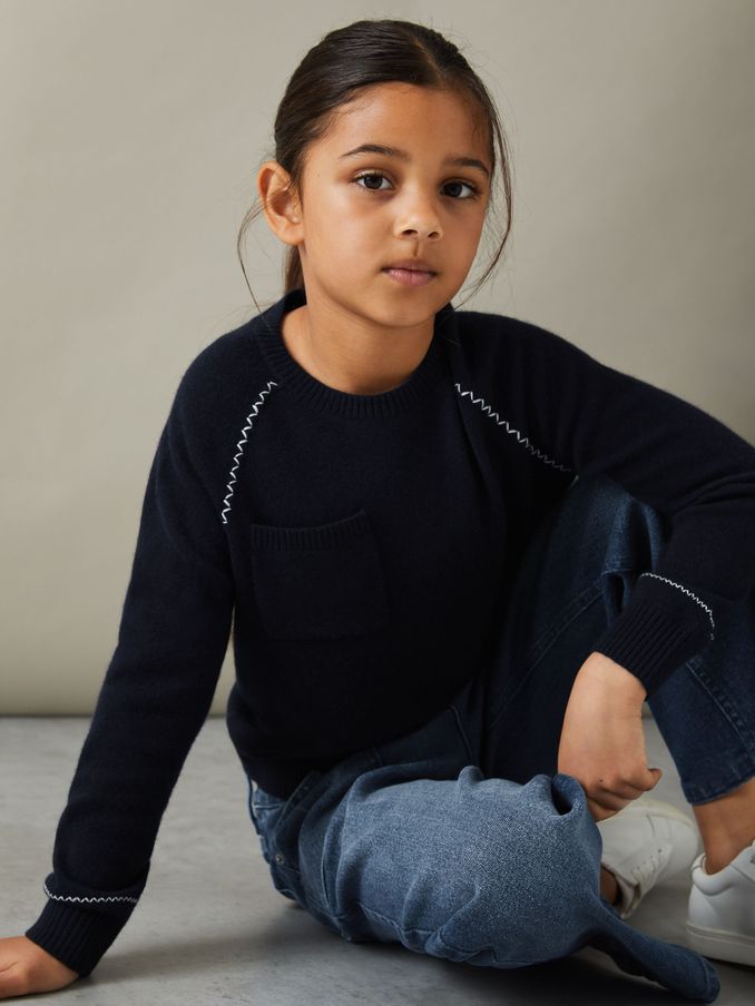 9-13 yrs Contrast Stitch Wool Blend Crew Neck Jumper in Navy (E27139) | €43