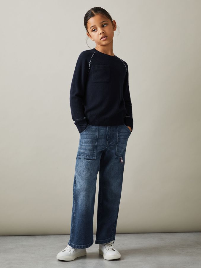 4-9 yrs Contrast Stitch Wool Blend Crew Neck Jumper in Navy (E27145) | €34