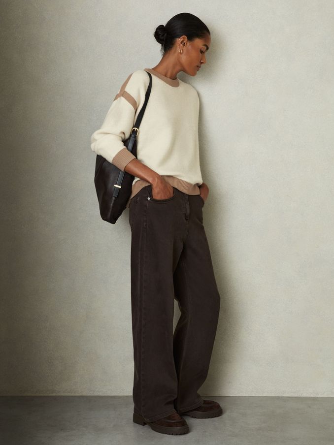 Wool Colourblock Crew Neck Jumper in Cream/Camel (E27158) | 444 SAR