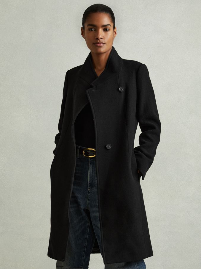 Petite Wool-Blend Longline Double-Breasted Coat in Black (E27162) | US$328